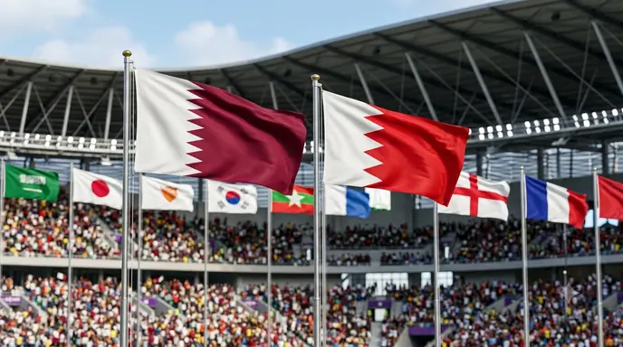 The national flags of Qatar and Bahrain displayed during an international event