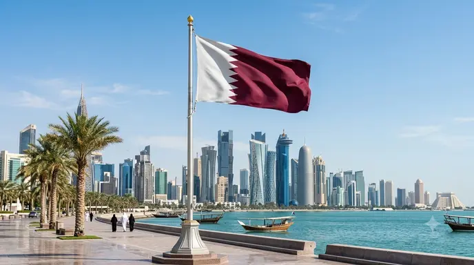 The Qatar national flag flying near the Doha skyline