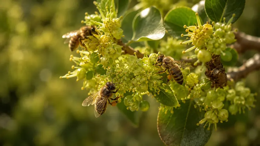 Honey bees collecting nectar from blooming Sidra Tree flowers