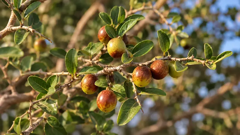 Close-up of Sidra Tree leaves and ripe sidr fruit in Qatar