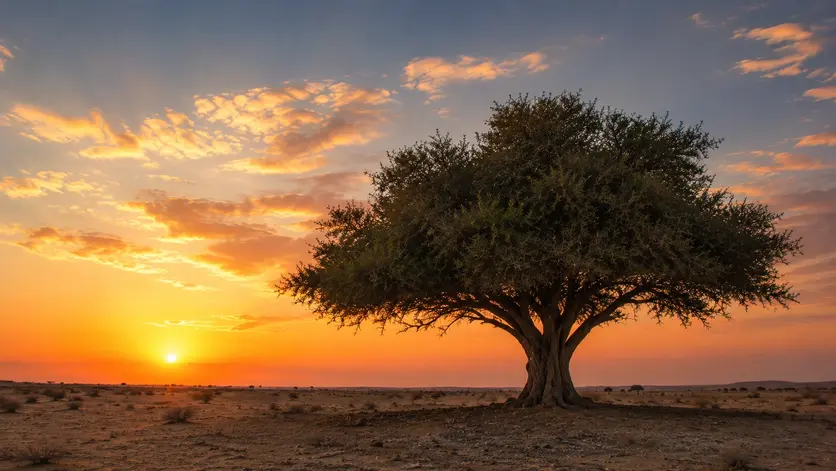 Silhouette of a Sidra Tree at sunset in the Qatar desert