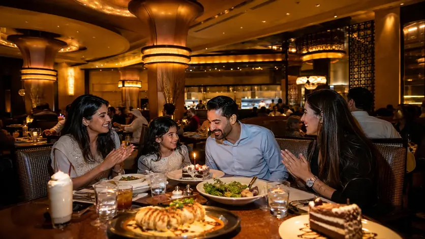 The Cheesecake Factory Qatar restaurant with a birthday dessert and elegant dining atmosphere
