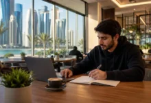 Student studying in a quiet café in Doha