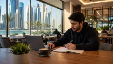 Student studying in a quiet café in Doha