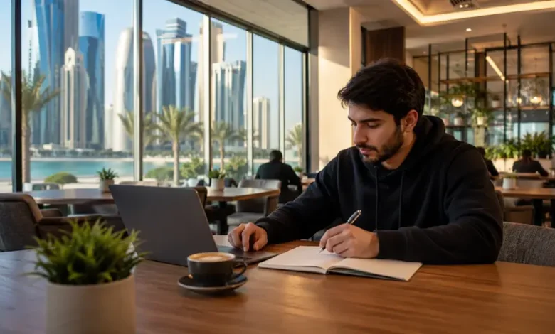 Student studying in a quiet café in Doha