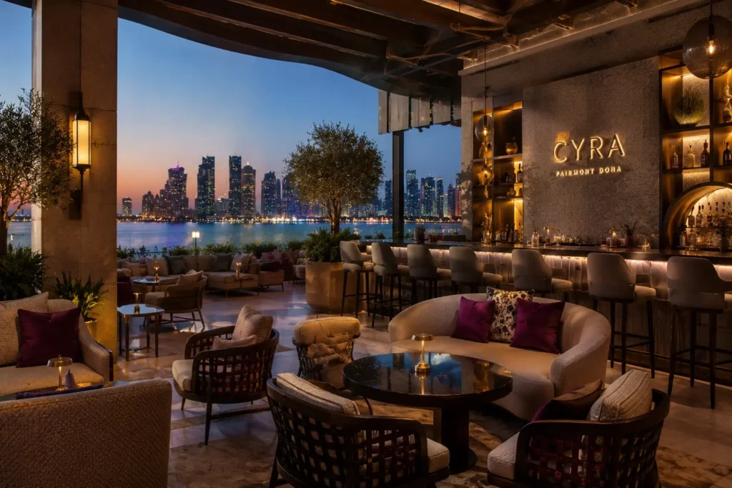 Luxury rooftop lounge at Cyra Fairmont Doha overlooking the city skyline during match night