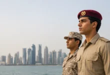 Qatar National Service recruits standing in front of the Doha skyline during national service eligibility expansion.