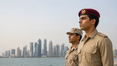 Qatar National Service recruits standing in front of the Doha skyline during national service eligibility expansion.