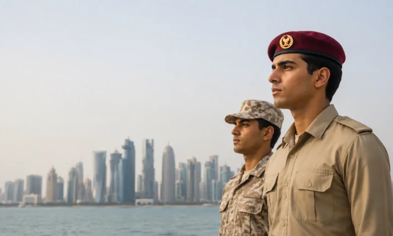 Qatar National Service recruits standing in front of the Doha skyline during national service eligibility expansion.