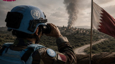 UN peacekeeper observing conflict-affected area in Lebanon as smoke rises in the distance with Qatar flag visible