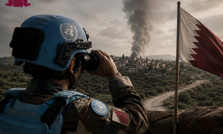 UN peacekeeper observing conflict-affected area in Lebanon as smoke rises in the distance with Qatar flag visible