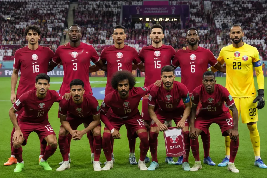 Qatar national football team posing for a pre-match photo during a FIFA World Cup tournament