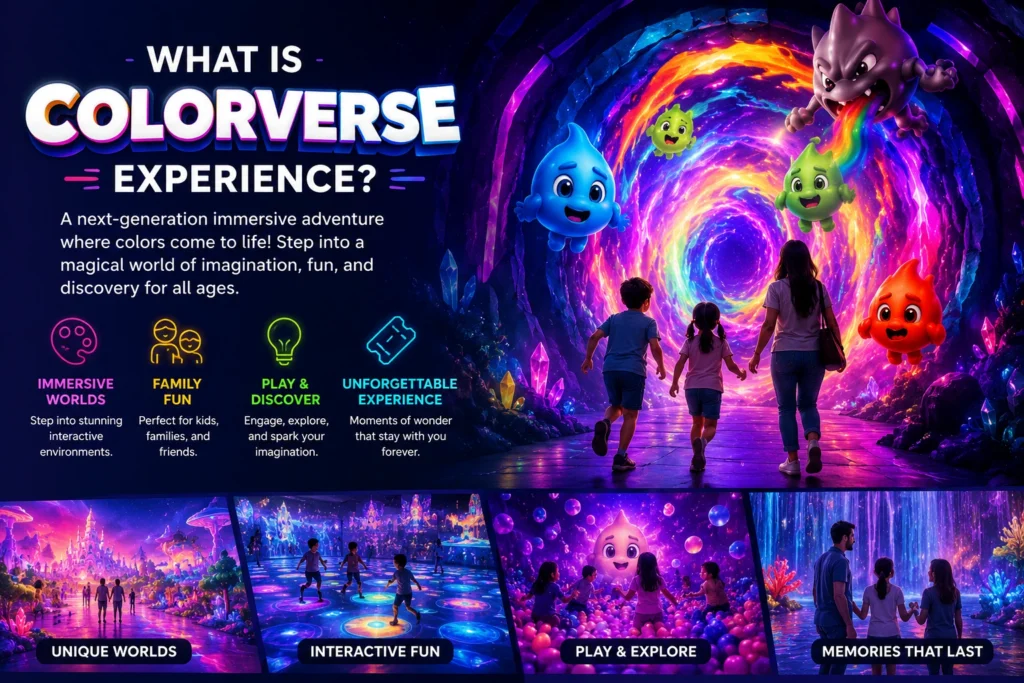 Family exploring a colorful immersive portal at the ColorVerse Experience.