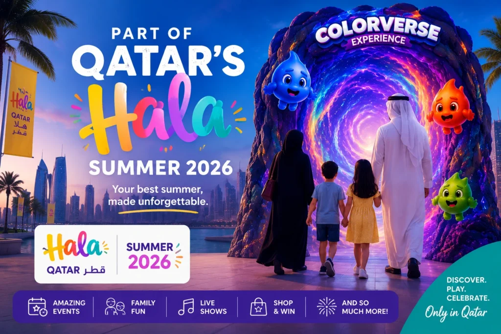 Qatar family entering a colorful portal during Hala Summer 2026 celebrations.