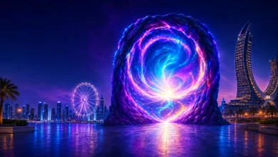 ColorVerse Experience Qatar with children entering a colorful magical portal.