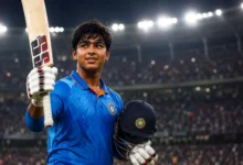 Vaibhav Sooryavanshi celebrating an IPL century under stadium lights