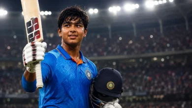 Vaibhav Sooryavanshi celebrating an IPL century under stadium lights