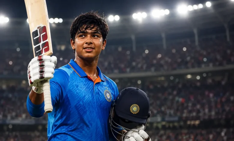 Vaibhav Sooryavanshi celebrating an IPL century under stadium lights