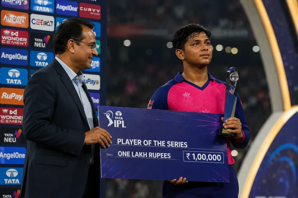 Sooryavanshi acknowledged as a future cricket legend during a stadium match under floodlights.