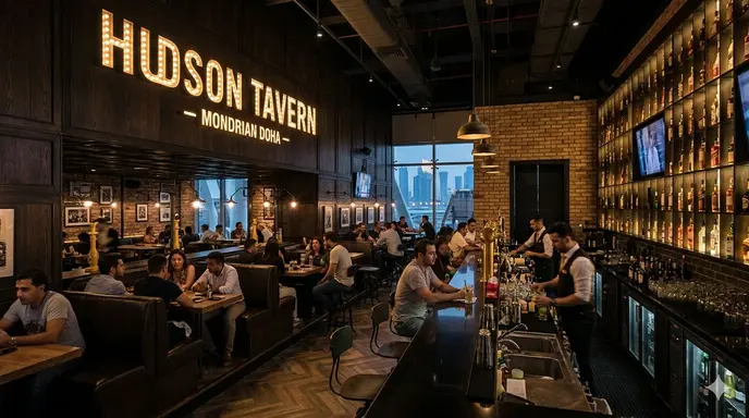 Hudson Tavern - Mondrian Doha hosting an outdoor football match screening