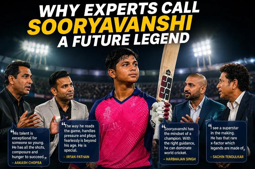 Sooryavanshi acknowledged as a future cricket legend during a stadium match under floodlights.