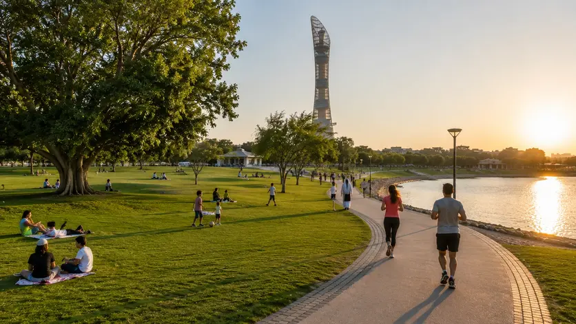 Aspire Park in Doha with green landscapes, lake and walking trails for families