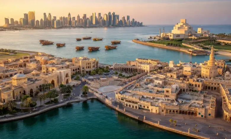 Best Places to Visit in Qatar featuring Doha skyline, Souq Waqif, Katara Cultural Village and Museum of Islamic Art