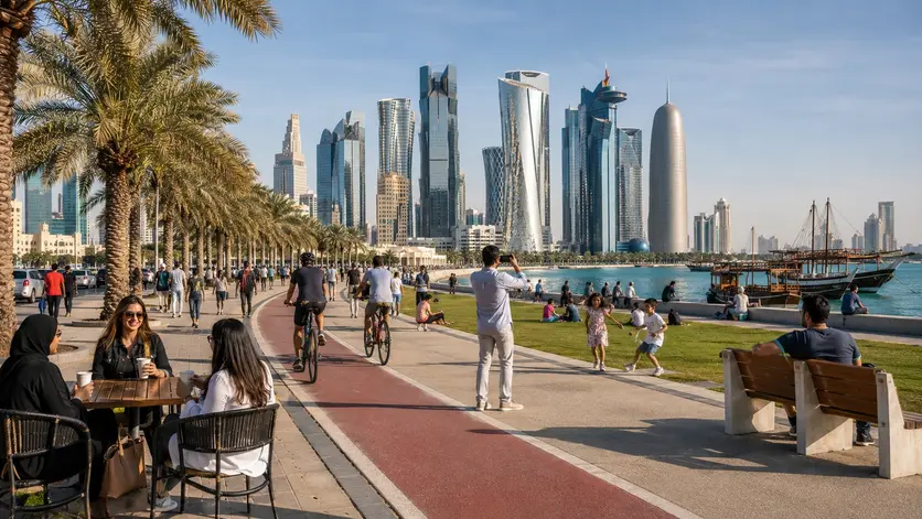 Visitors enjoying activities and waterfront views at Doha Corniche