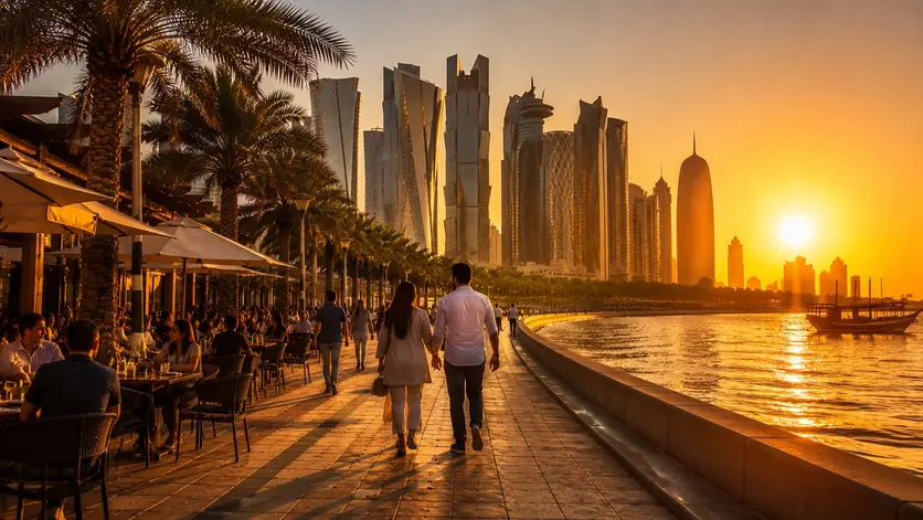 Golden sunset over Doha Corniche with visitors enjoying the evening