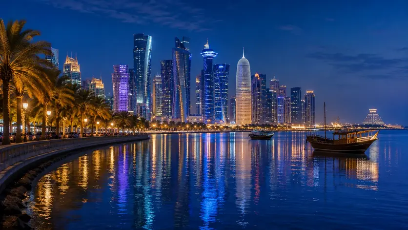 Doha Corniche waterfront with illuminated skyline at night in Qatar