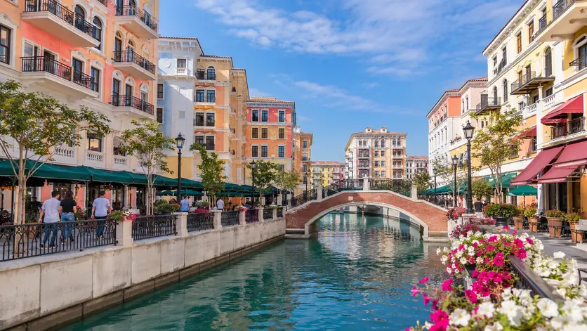 Colourful canals and bridges at Qanat Quartier The Pearl Qatar