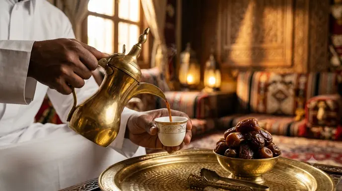 Traditional Qatari hospitality with Arabic coffee and dates