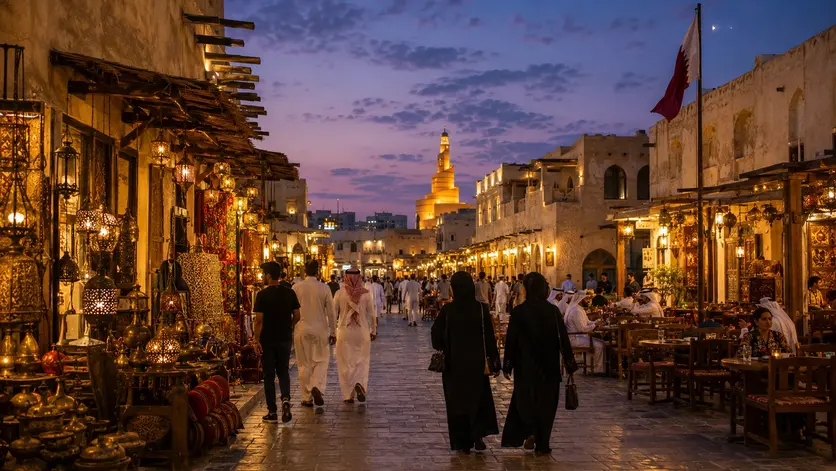 Visitors exploring Souq Waqif, one of Qatar's most famous cultural landmarks