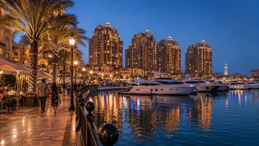 Evening waterfront view at The Pearl Qatar Doha