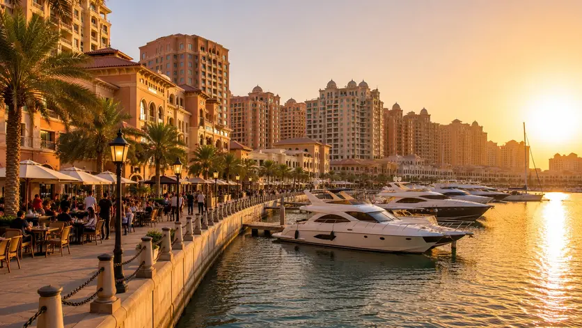 Luxury marina and waterfront promenade at The Pearl Qatar in Doha