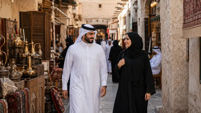 Qatari man wearing a thobe and woman wearing an abaya in Doha