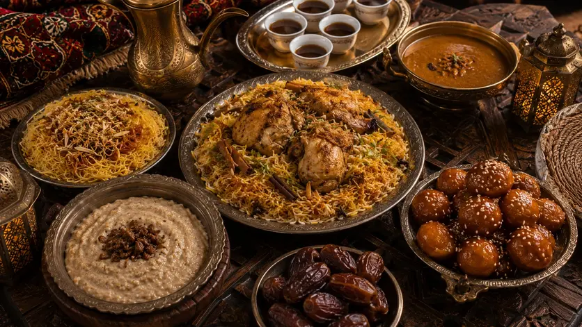 Traditional Qatari food including Machboos and Arabic coffee