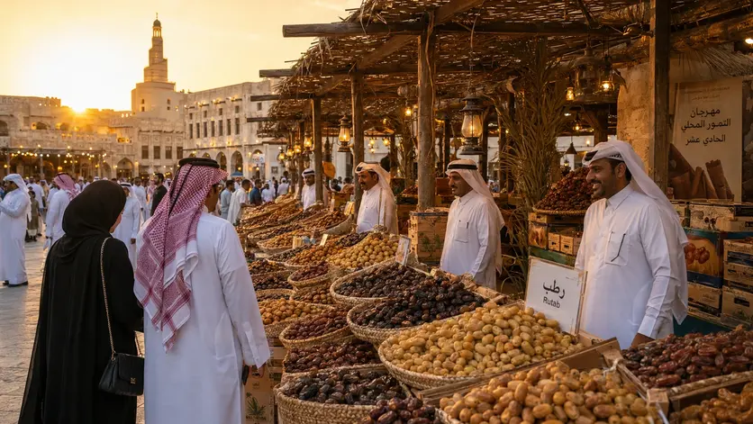 Visitors exploring the 11th Local Dates Festival at Souq Waqif with Qatari farmers and fresh local dates